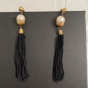 Monet iridescent pearl long black tassel earrings